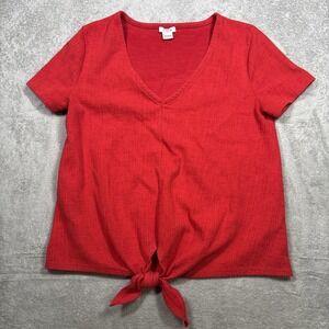 J Crew Women's Red Textured Tie Front Top Short Sleeve Size XS